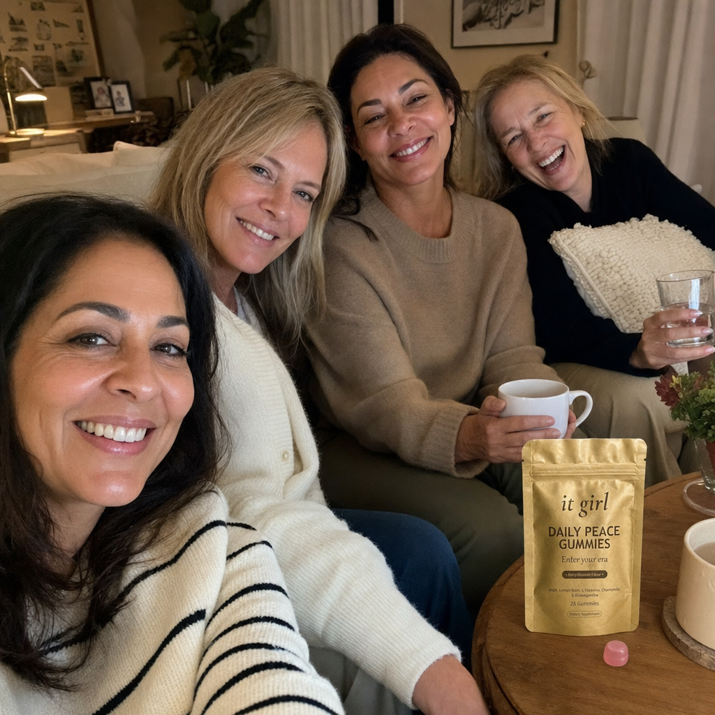 Warm candid group of relaxed women in their forties and fifties laughing together in an evening living room with tea and water, a gold It Girl Daily Peace pouch resting nearby