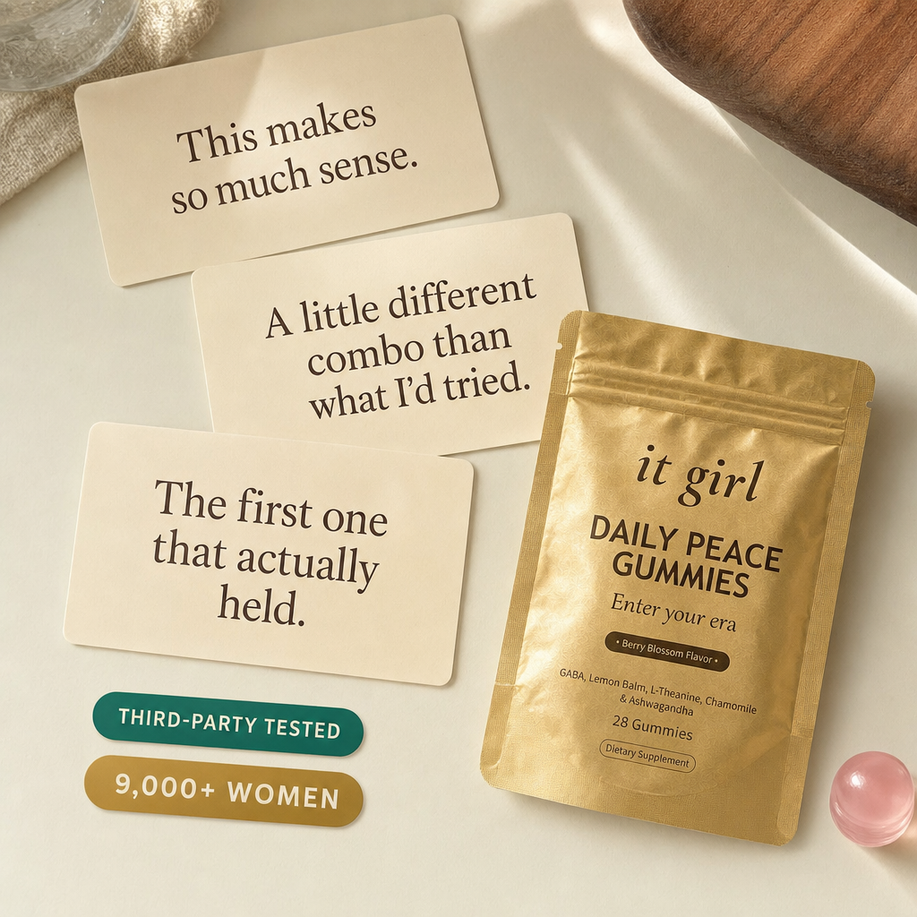 The Daily Peace pouch beside third-party-tested and 9,000-plus-women trust badges and review-style quote cards.