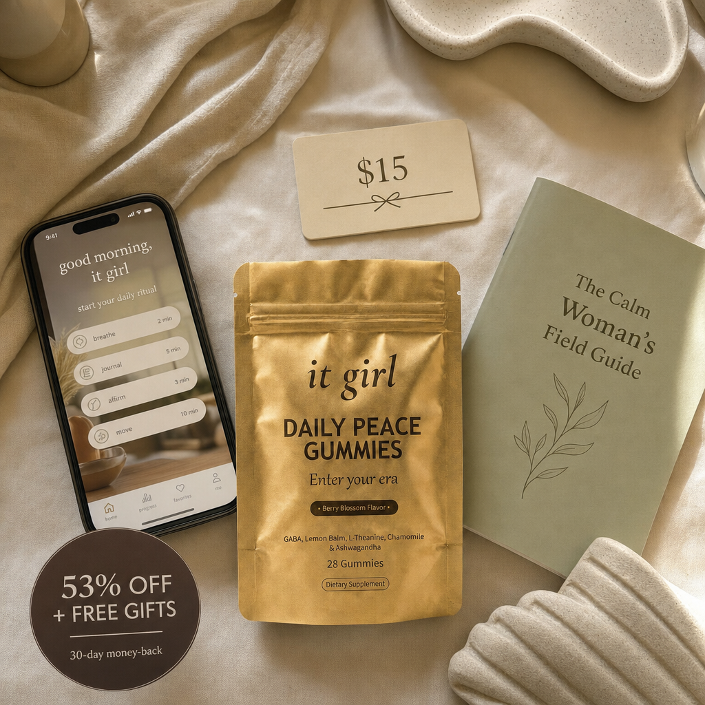 The Daily Peace bundle on cream: gold pouch, the It Girl app on a phone, a $15 gift card and the Calm Woman's Field Guide.