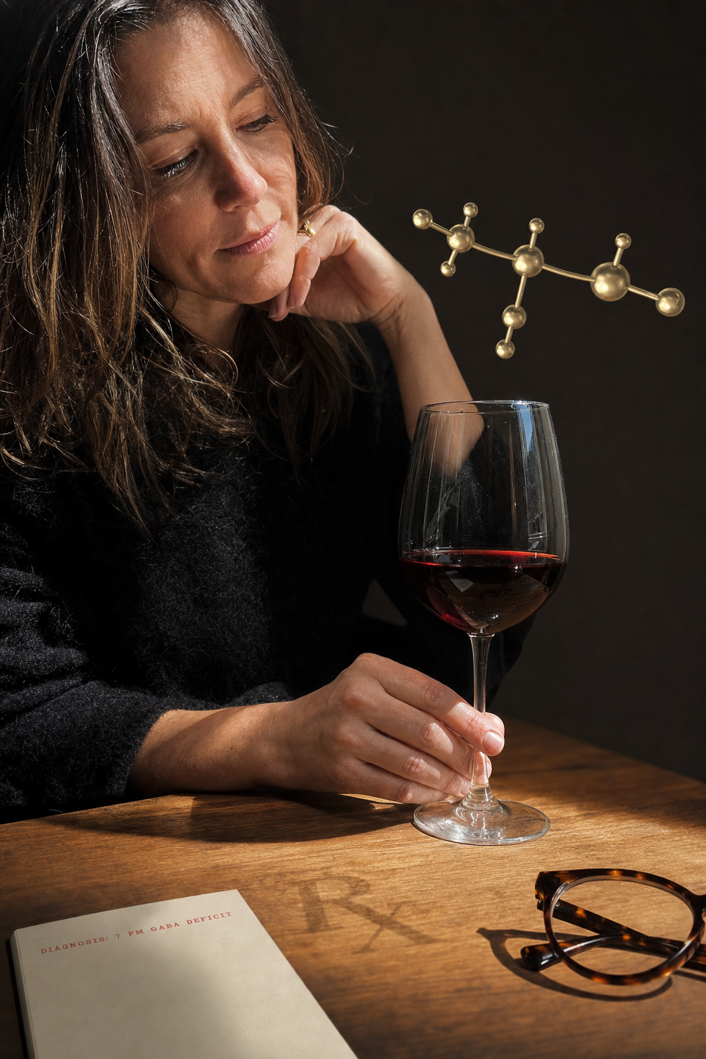 A single glass of red wine on a warm wood counter under hard side light, a champagne-gold GABA molecule suspended above it, and a faux prescription pad slip in the corner reading DIAGNOSIS 7 PM GABA DEFICIT in red ink, a faint Rx watermark in the wood, reverential pharmaceutical still life, no product