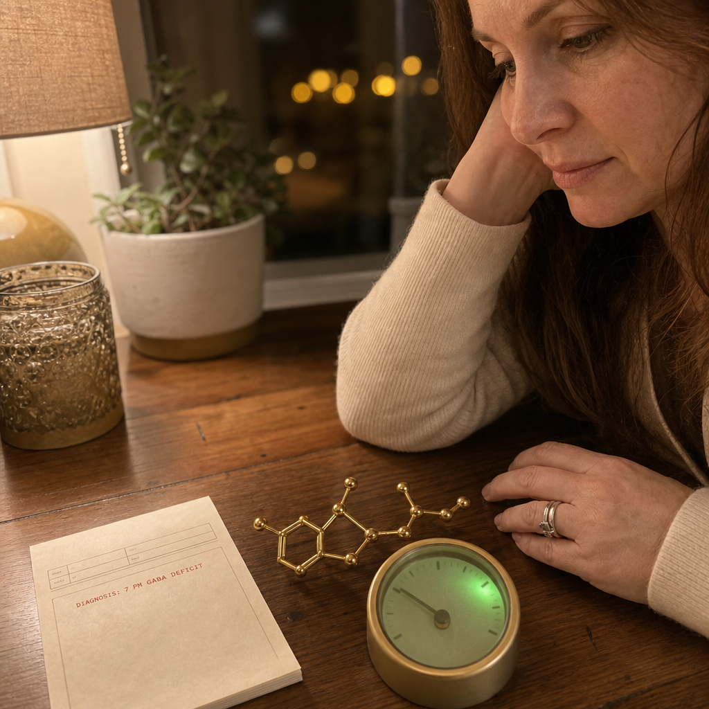 A faux prescription pad slip on warm wood reading DIAGNOSIS 7 PM GABA DEFICIT in red ink beside a champagne-gold GABA molecule, the body's own calm brake running low, an investigation still, no product