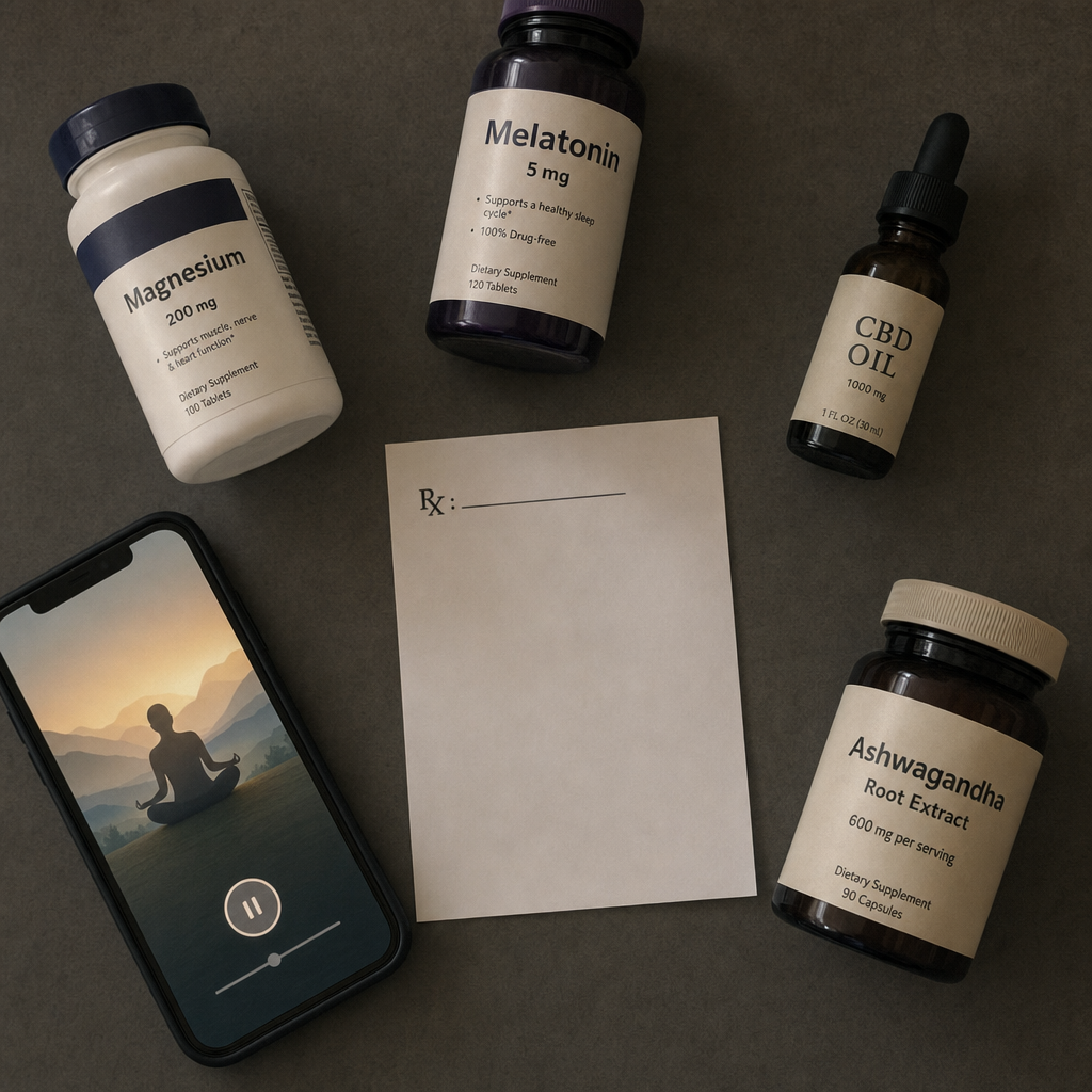 Overhead flat-lay of the swaps that never filled the script, a magnesium bottle, a melatonin bottle, a CBD dropper, a phone showing a meditation app, and a generic ashwagandha jar around an unfilled prescription slip, no It Girl product yet