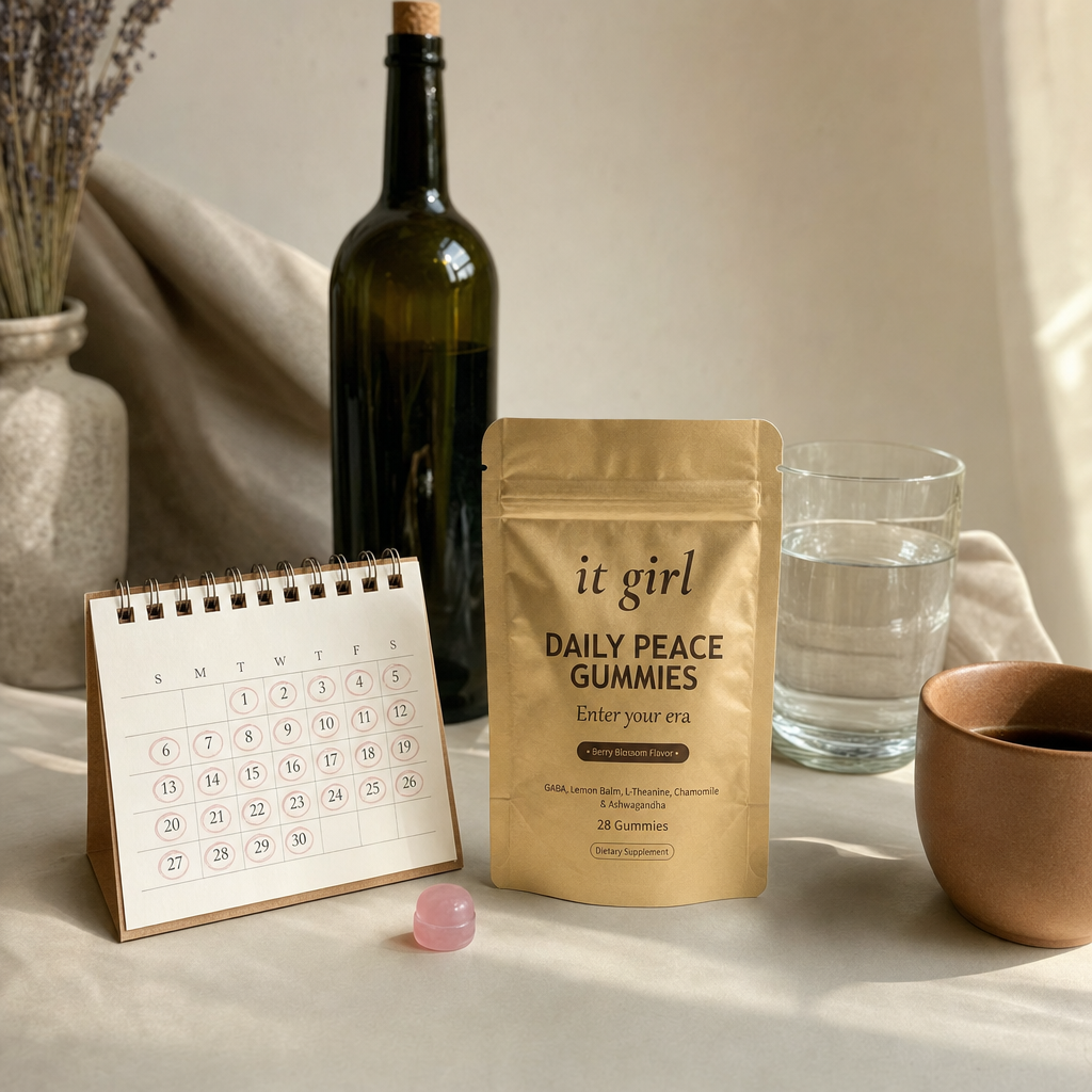 Warm still-life of the palm-sized It Girl Daily Peace pouch beside a month calendar and one corked unbranded bottle of wine, showing a whole month of calm costs less than one bottle