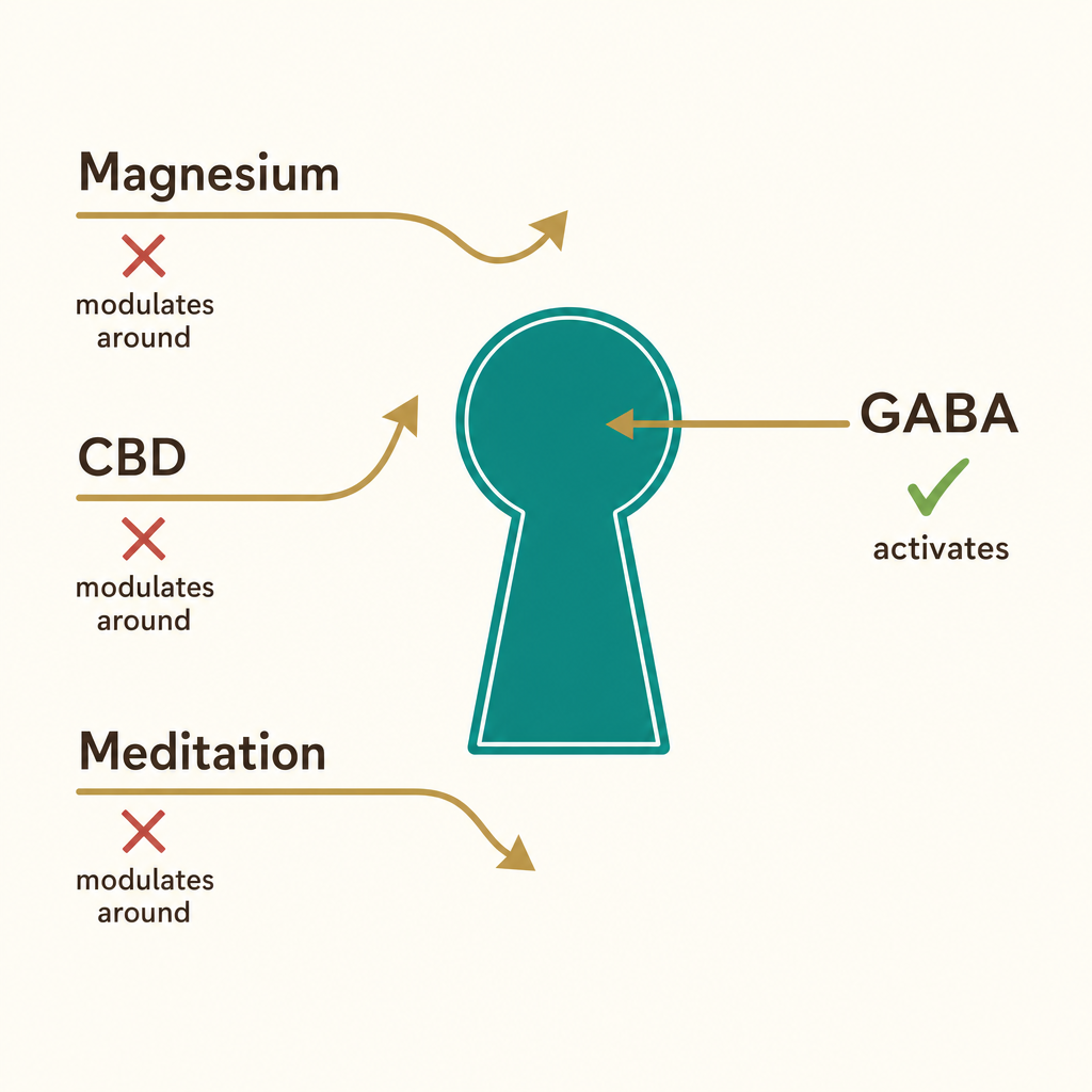 Flat editorial comparison diagram showing magnesium, CBD and meditation arrows glancing around the GABA-A receptor with red X marks while GABA activates it with a green check