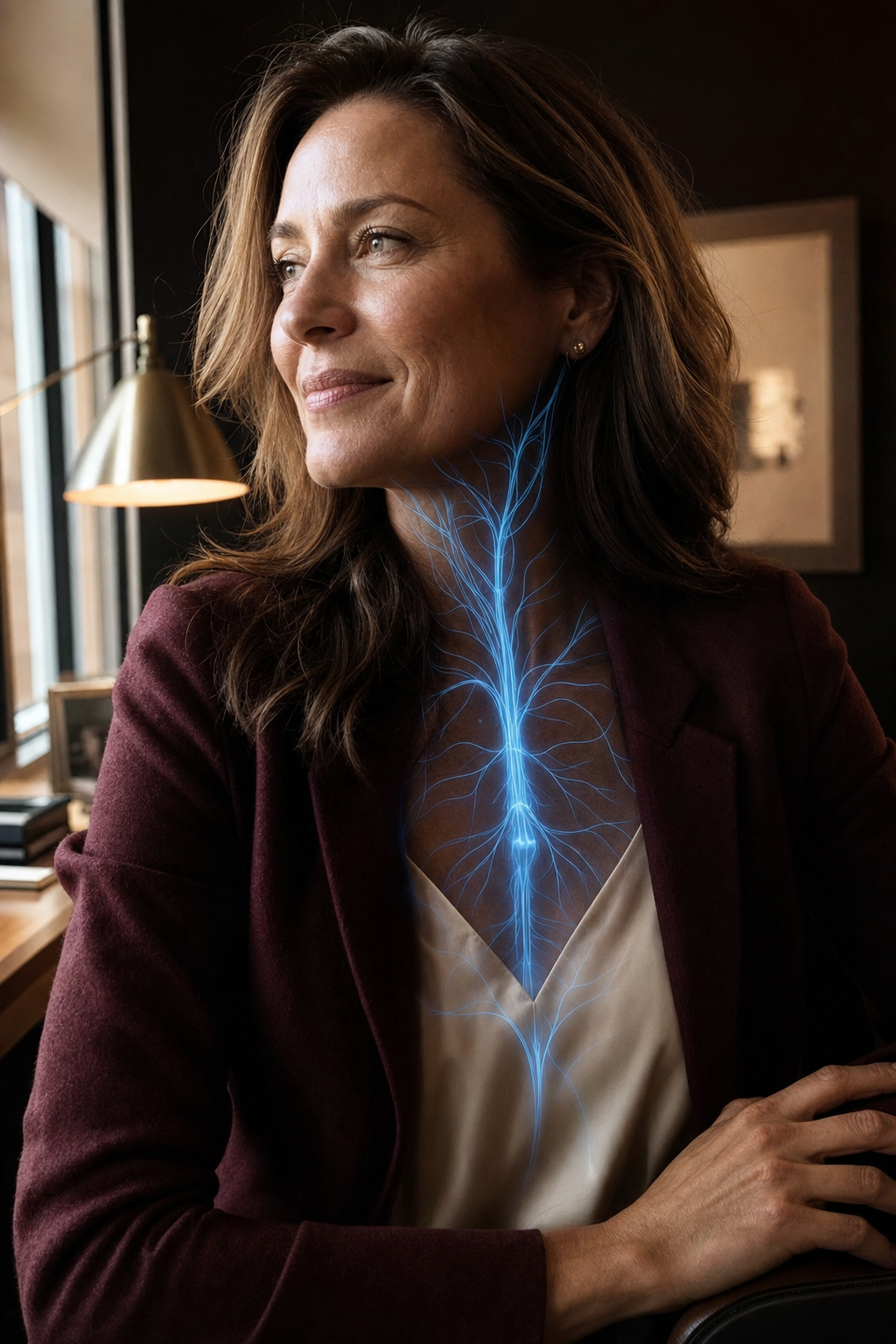 A serene woman of about 40 in a burgundy blazer in a warm golden-hour office, half-smiling with quiet confidence, her vagus nerve and nervous system traced in calm blue showing a body at rest, no product