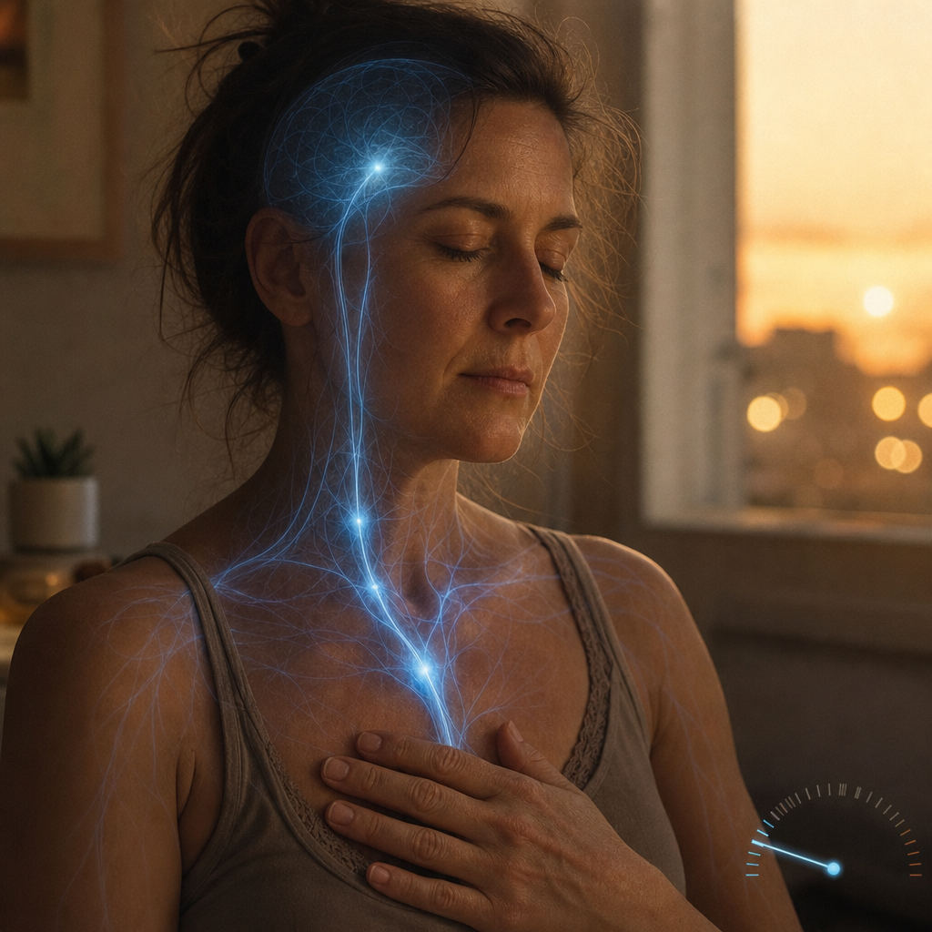 A calm-blue anatomical overlay of a woman's nervous system at rest, the vagus nerve traced peaceful blue down the sternum, the body solving a real evening deficit, a WMW investigation still, no product