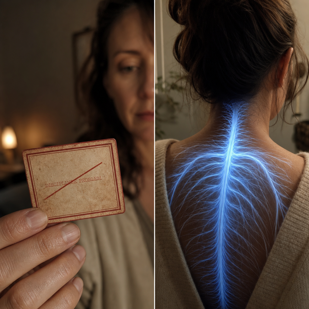 A split investigation still, on one side a red shaming label crossed out, on the other the same nervous system glowing calm blue, the shame frame retired and the biology validated, no product