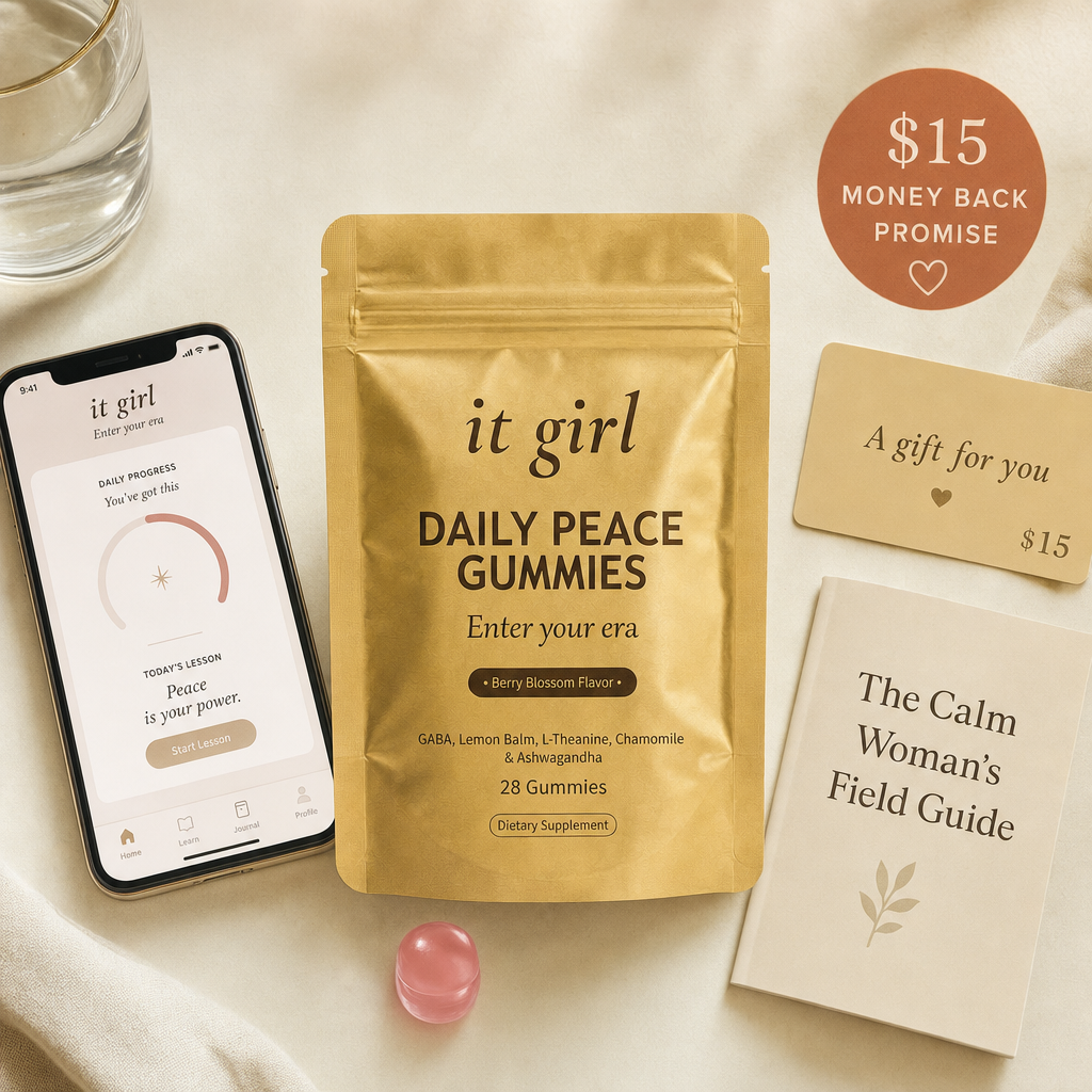 Daily Peace bundle on cream: pouch, It Girl app, $15 gift card, Calm Woman's Field Guide, warm-clay price and guarantee badge, no wine