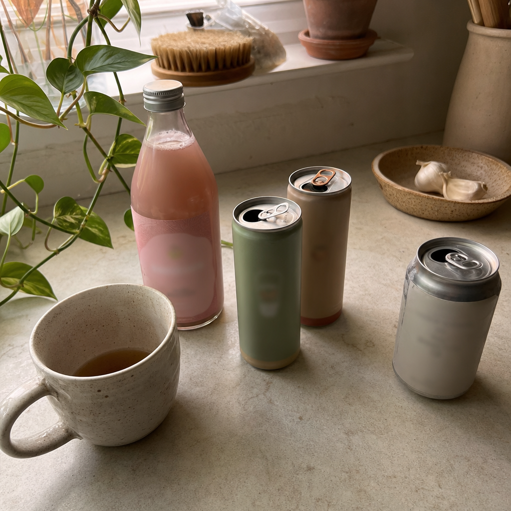 Editorial flat-lay of the abandoned wine swaps, an untouched kombucha, two adaptogen drink cans, a sparkling water, a cold mug of forgotten tea, all bought once and set aside