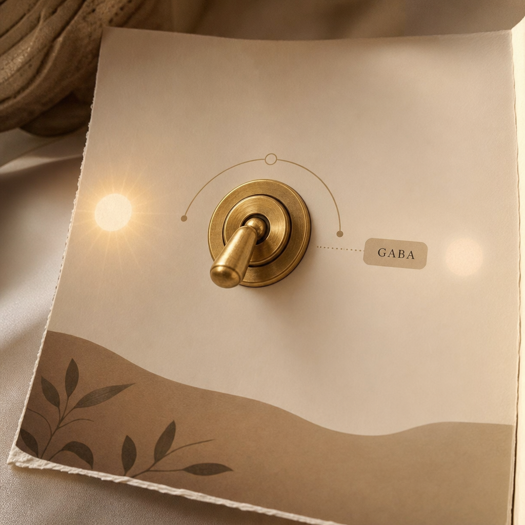 Clean editorial diagram of the nervous system off-switch, a soft dimmer-switch motif on cream illustrating the GABA inhibitory calm signal