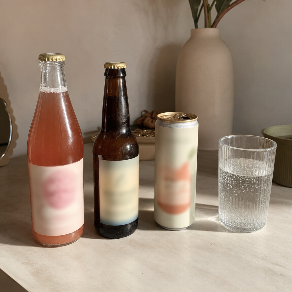 Editorial still of the non-alcoholic alternatives lined up, kombucha, non-alcoholic beer, an adaptogen seltzer, sparkling water, none of them reaching the nervous system