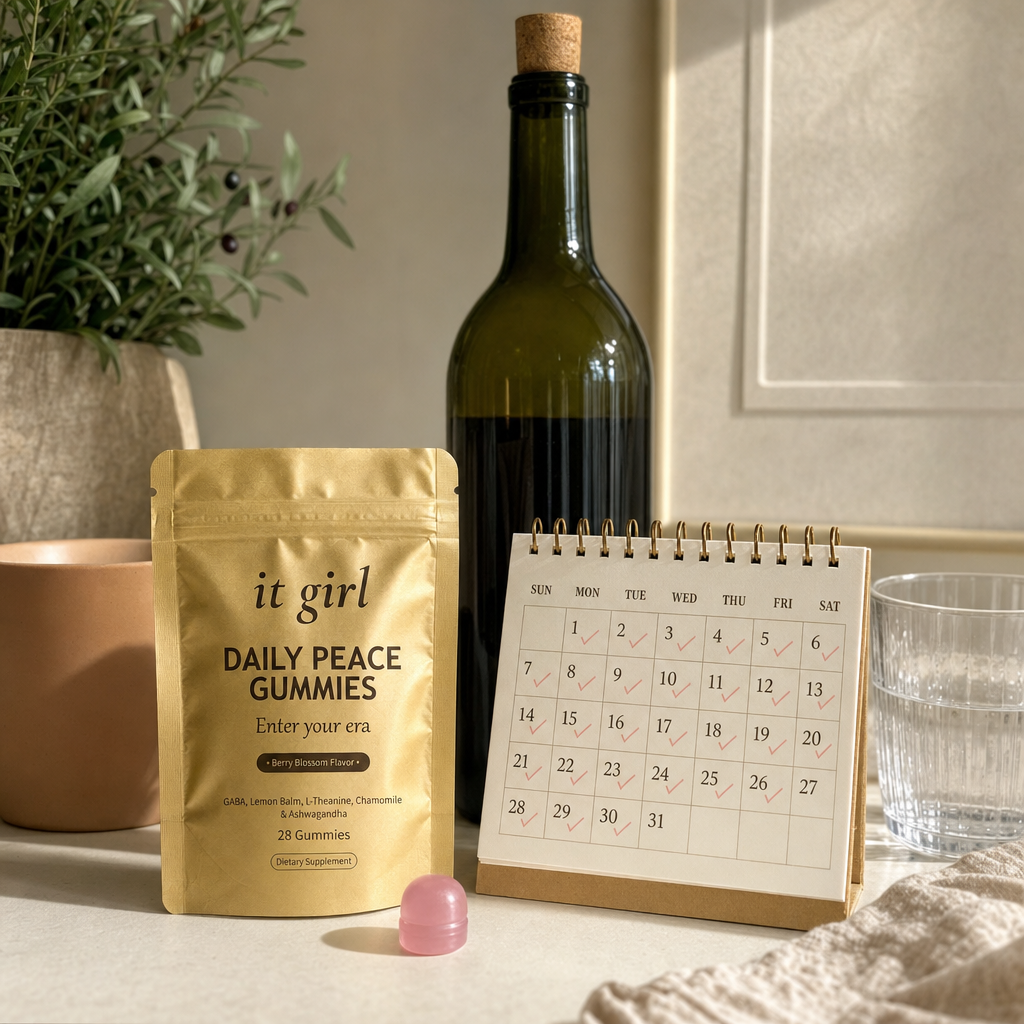 The palm-sized gold It Girl Daily Peace pouch and a month calendar beside a single unbranded bottle of wine, a whole month of calm for less than one bottle