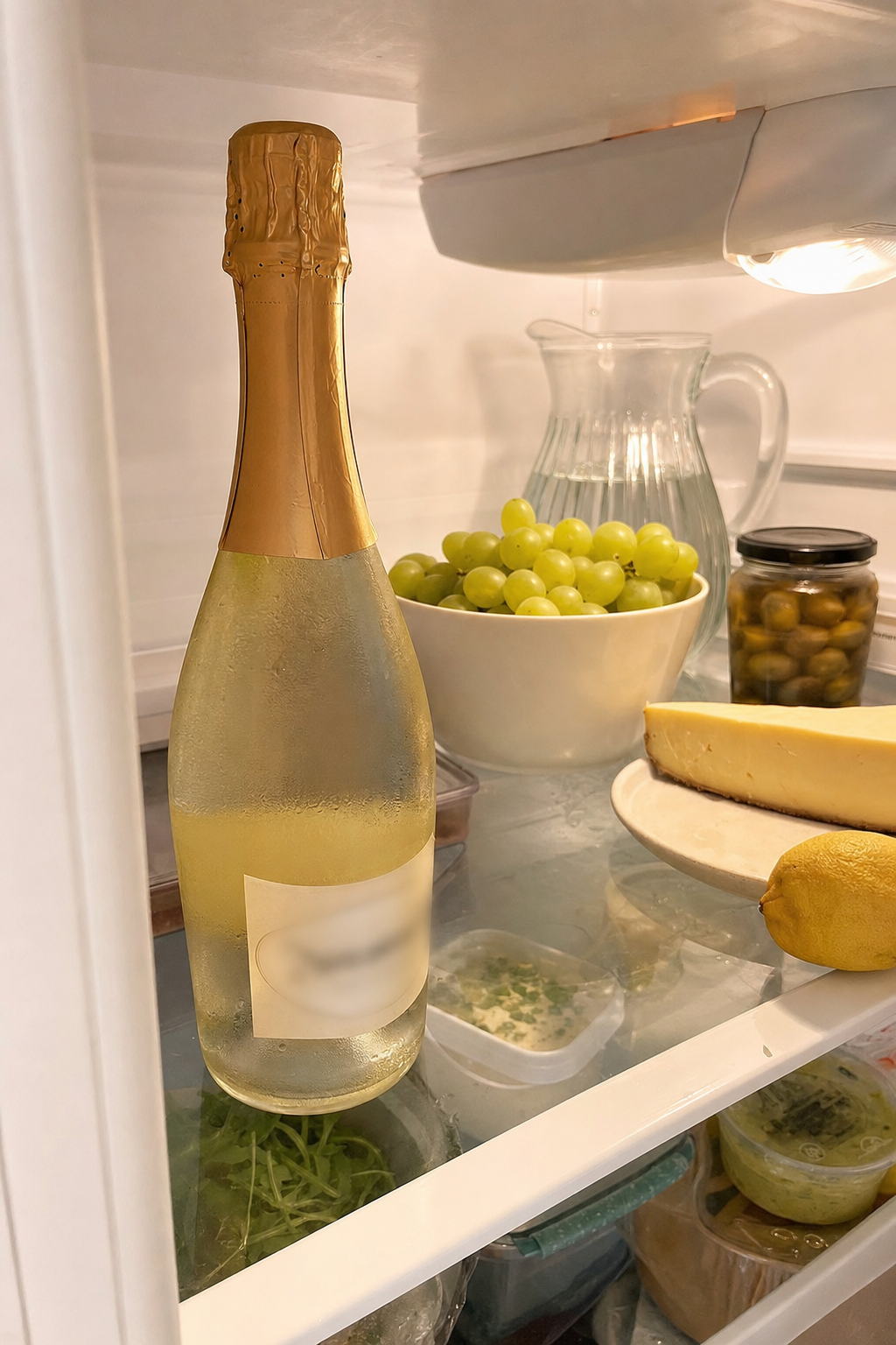 Candid native editorial photo into an open home refrigerator, one full unopened Nosecco alcohol-free sparkling-wine bottle standing apart front-left, the sober-curious alternative that never got opened