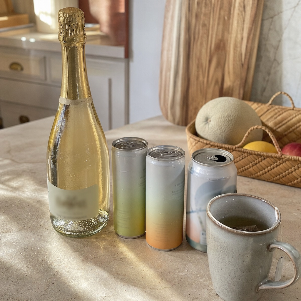 Editorial flat-lay of the abandoned wine swaps, an unopened Nosecco bottle, two adaptogen drink cans, a sparkling water, a cold mug of forgotten tea, all bought once and set aside