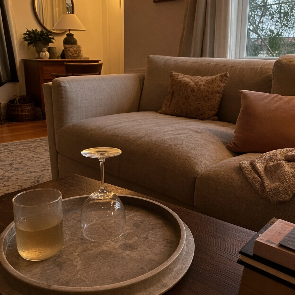 Quiet end-of-day living room at six in the evening, an empty glass and a cold cup of tea by the window, the moment the day's tension is supposed to let go
