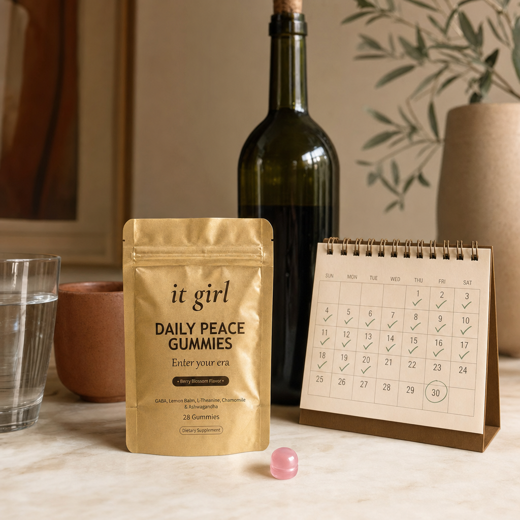 The palm-sized gold It Girl Daily Peace pouch and a month calendar beside a single unbranded bottle of wine, a whole month of calm for less than one bottle