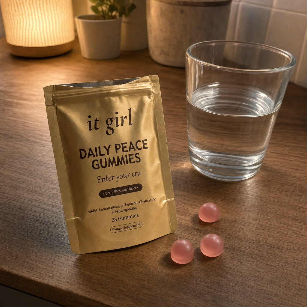 The opened matte gold It Girl Daily Peace pouch with two pink gummies and a glass of water on a warm counter under a dimmed lamp, the calm off-switch handed back directly