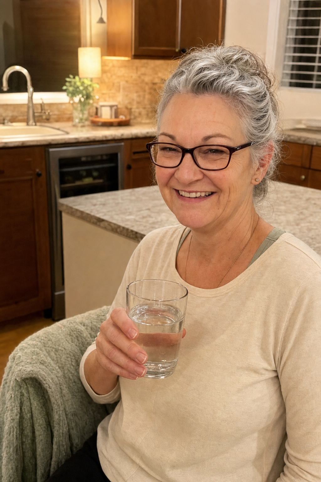 Calm evening candid of a woman about sixty in her warm kitchen, the wine cooler closed, a glass of water in hand, not reaching for it