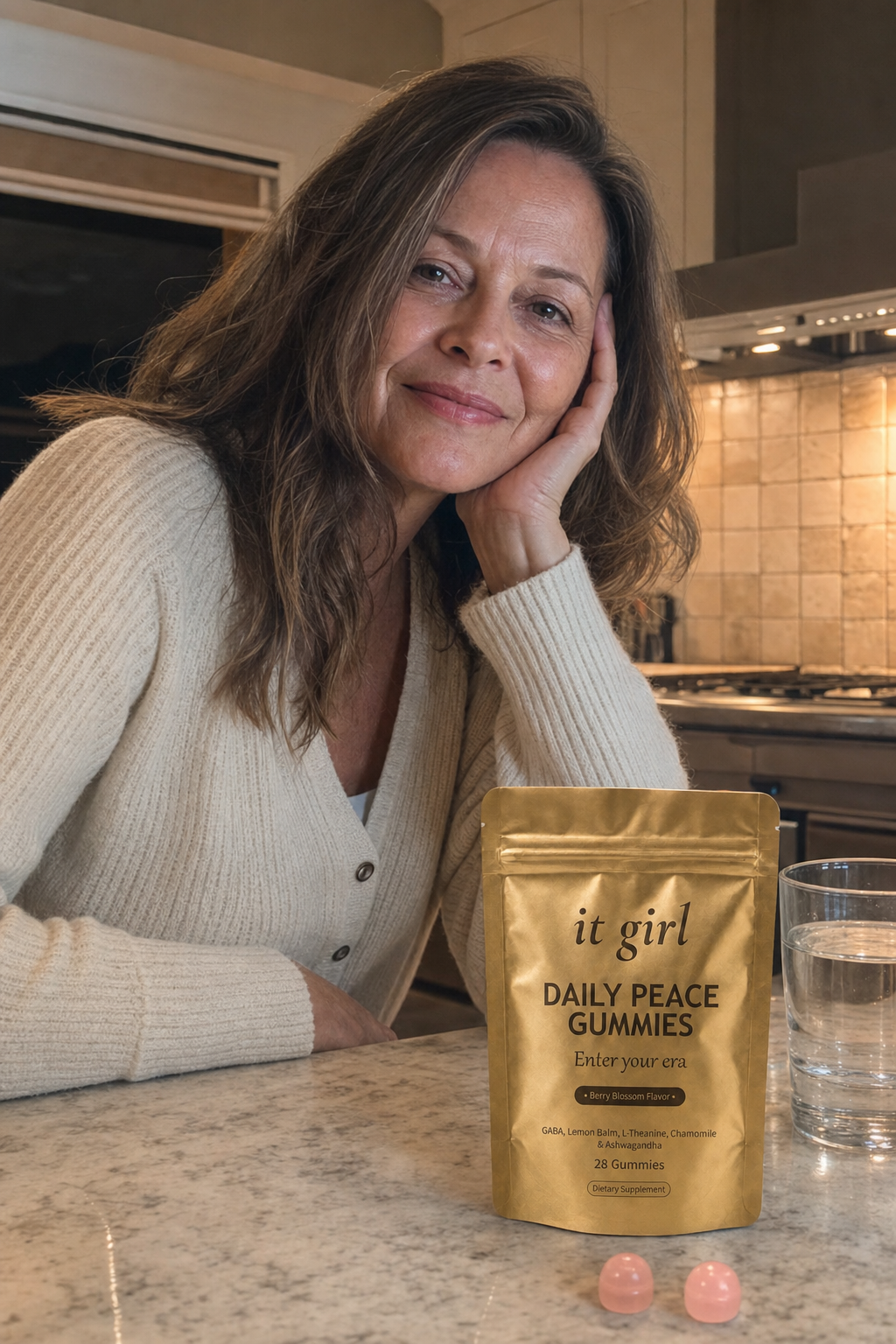A relaxed woman in her late fifties in a warm evening kitchen, the real gold It Girl Daily Peace pouch on the counter beside her, no wine, calm end of day
