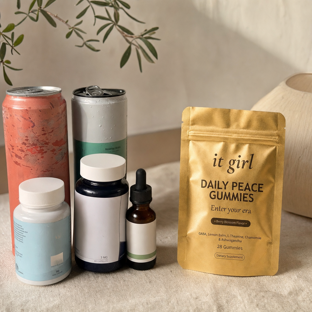 A warm still-life comparison, the abandoned wine swaps and calm-aisle bottles of magnesium melatonin and CBD grouped and faded on the left, the real gold Daily Peace pouch in warm focus on the right as the one that reaches both layers