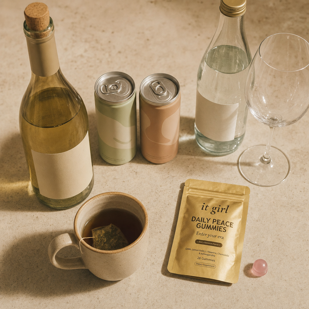 Warm overhead flat-lay of the abandoned swaps a woman tried instead of wine, corked alcohol-free wine, adaptogen cans, sparkling water and a cold mug of tea all unused, with the real It Girl Daily Peace pouch set apart as the one that delivers the GABA signal