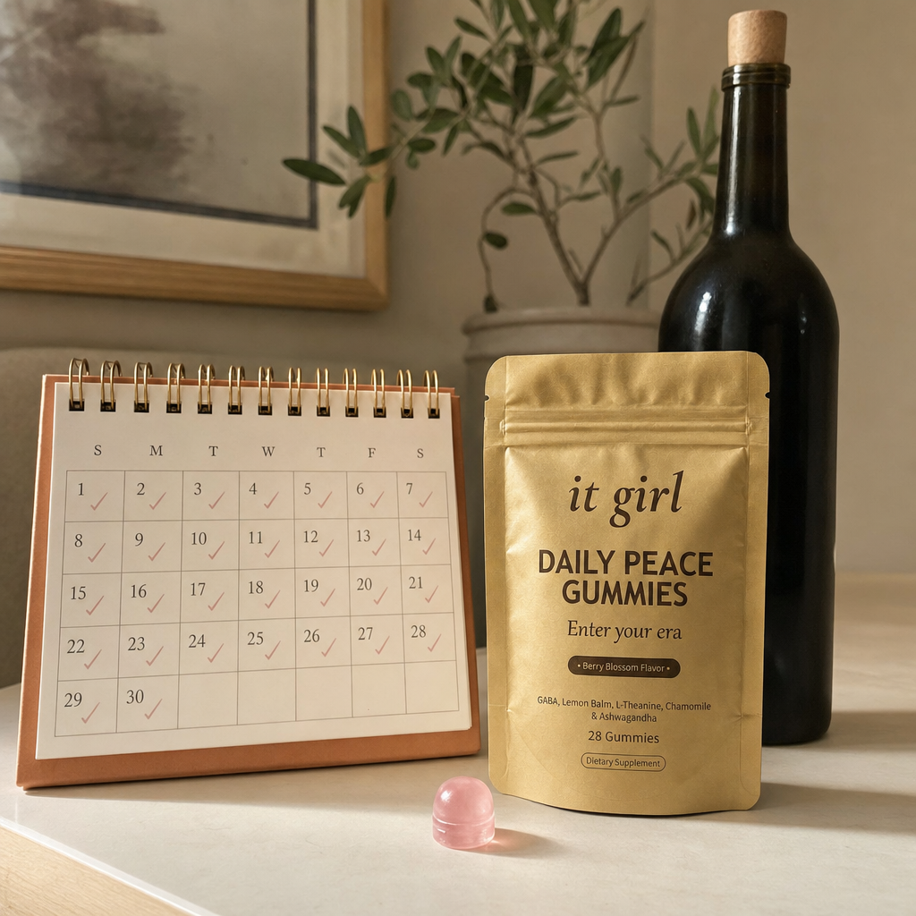 The palm-sized It Girl Daily Peace pouch beside a month calendar and one plain unbranded bottle of wine, a whole month of calm shown to cost less than a single bottle