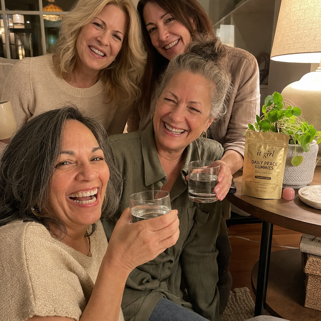 Warm candid group of real women aged fifty to sixty-five laughing together in a sunlit living room with tea and water, a gold It Girl Daily Peace pouch resting nearby, the women who stopped reaching