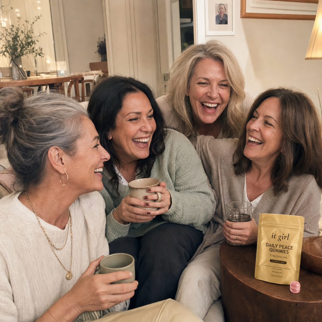 Warm candid group of real women aged fifty to sixty-five laughing together in a sunlit living room with tea and water, a gold It Girl Daily Peace pouch resting nearby, the women who stopped reaching