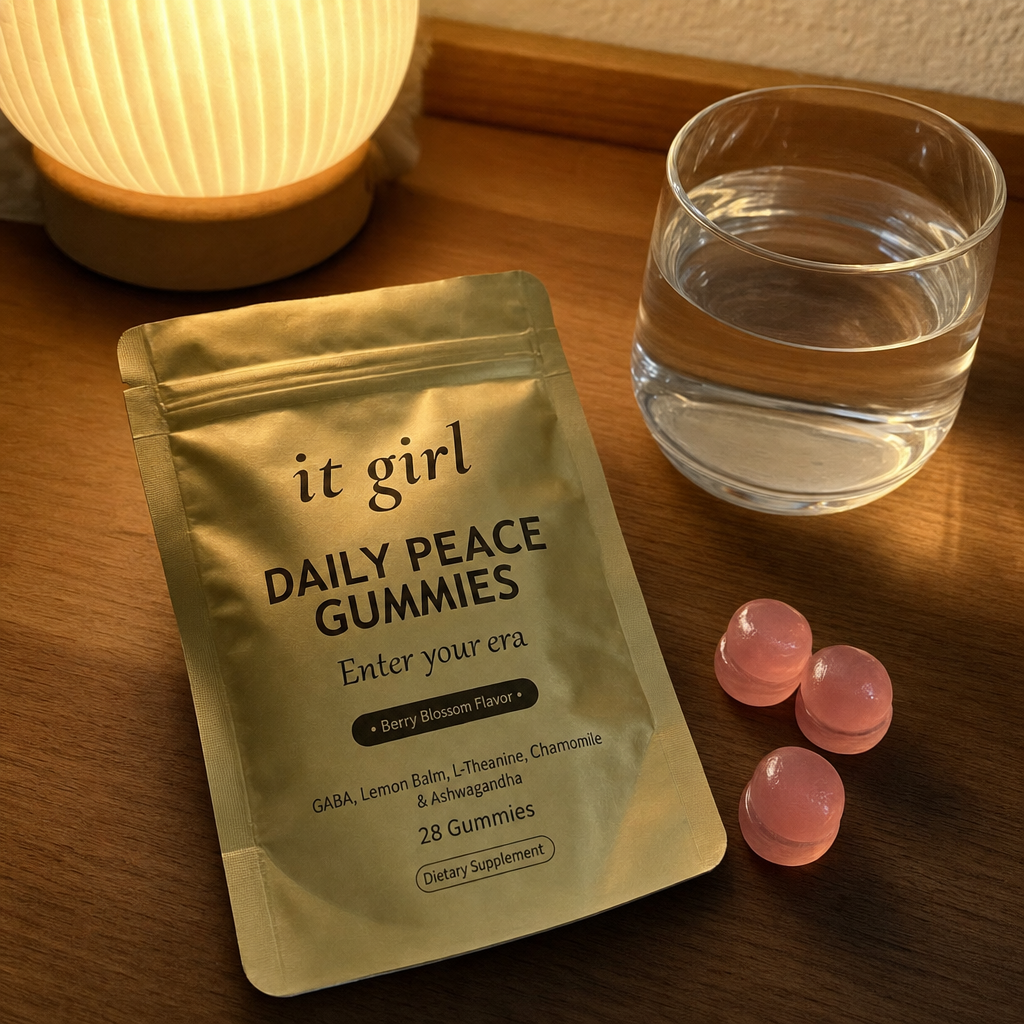 The opened matte gold It Girl Daily Peace pouch with two pink gummies and a glass of water on a warm counter under a dimmed lamp, the calm off-switch handed back directly