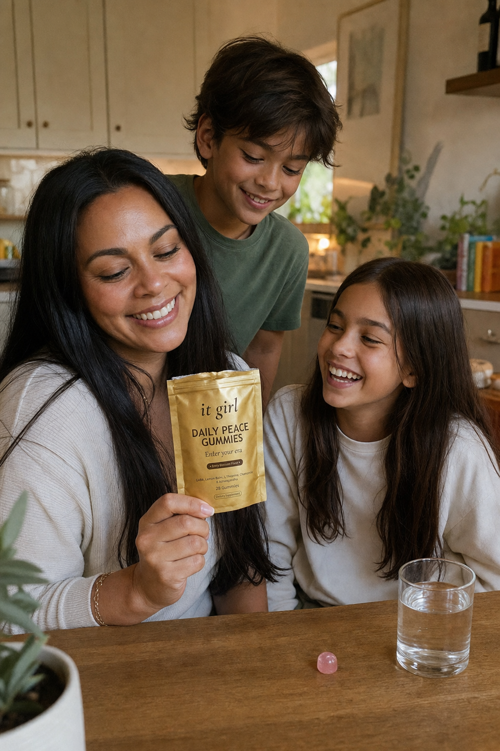 Calm mother and her kids at ease around an easy kitchen table in warm evening light, the real palm-sized gold It Girl Daily Peace pouch resting on the counter nearby, the house that finally feels different