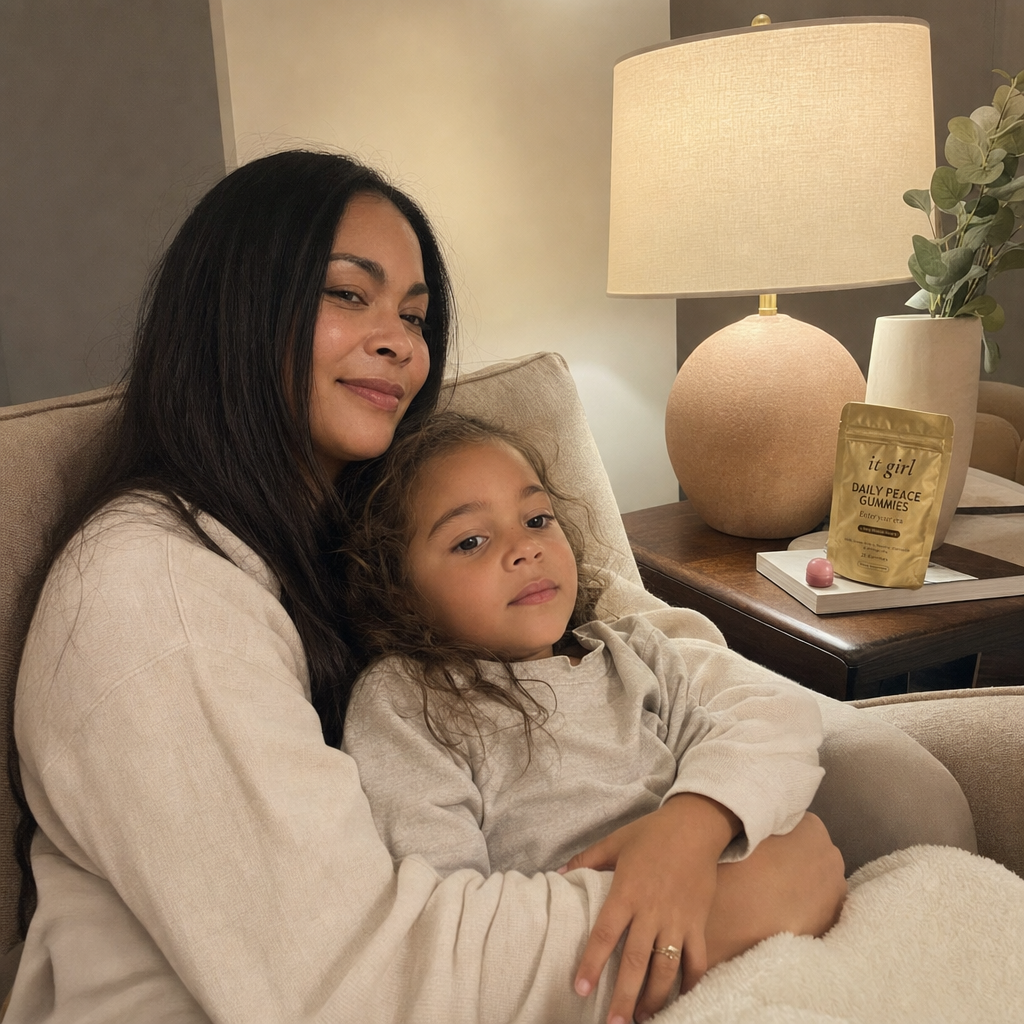 A present mother on the couch in warm lamplight with her child climbed back into her lap, the gold Daily Peace pouch resting in view on the side table