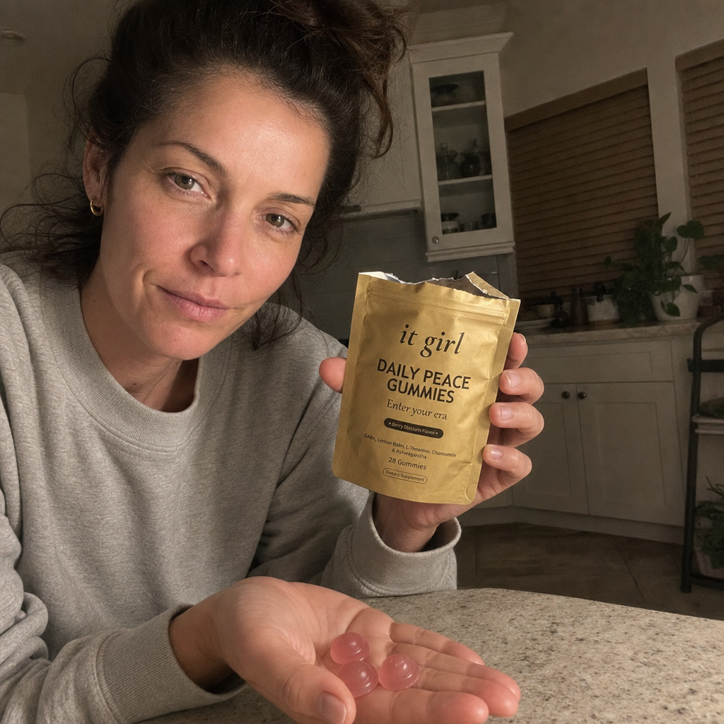 The founder-mom holding the real opened gold It Girl Daily Peace pouch turned to show the legible front label, two or three pink gummies in her palm, the studied doses named on the front