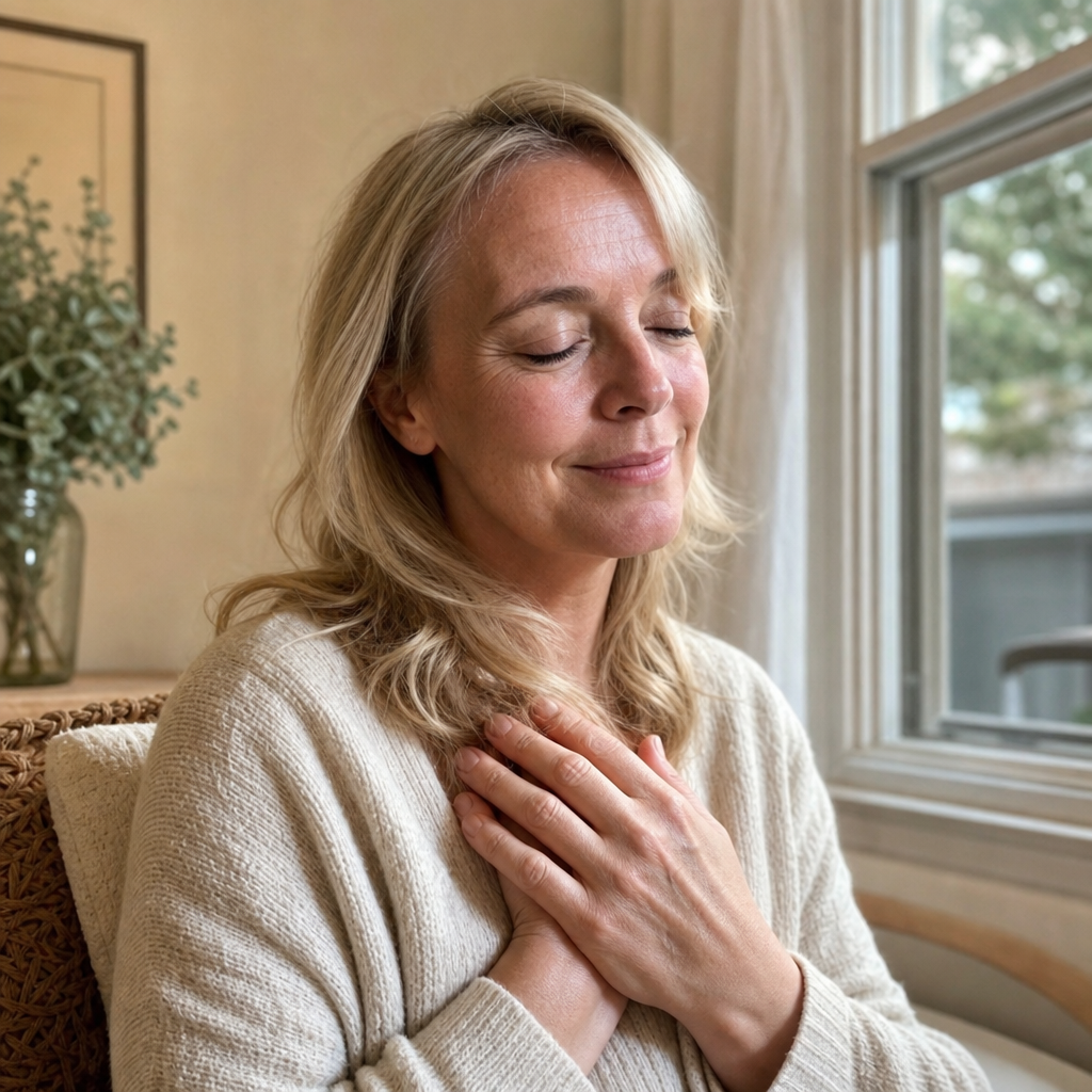 Woman in her fifties in a quiet moment of self-forgiveness, both hands resting over her own heart in soft warm morning light, the years of self-blame lifting, she stopped blaming herself