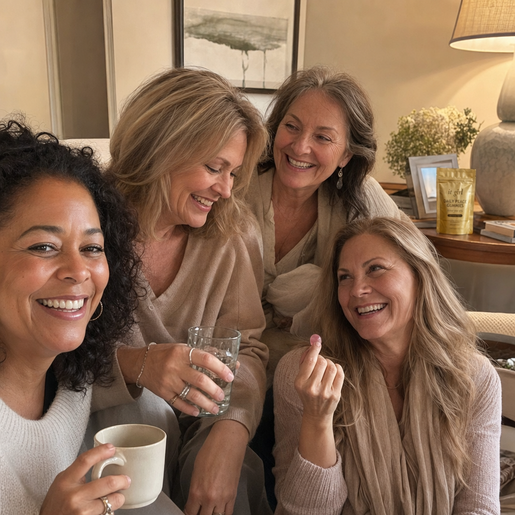 Relaxed group of women fifty to sixty-five with tea and water laughing in a warm living room, a gold Daily Peace pouch resting nearby, not the only one