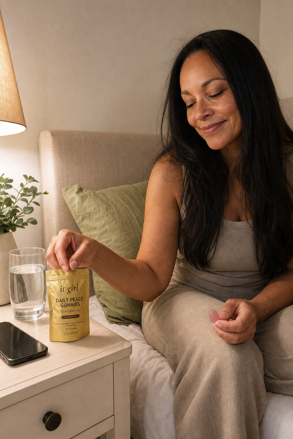 A rested woman on the edge of her bed in warm evening light, phone face-down, the real It Girl Daily Peace pouch on the nightstand beside a glass of water.