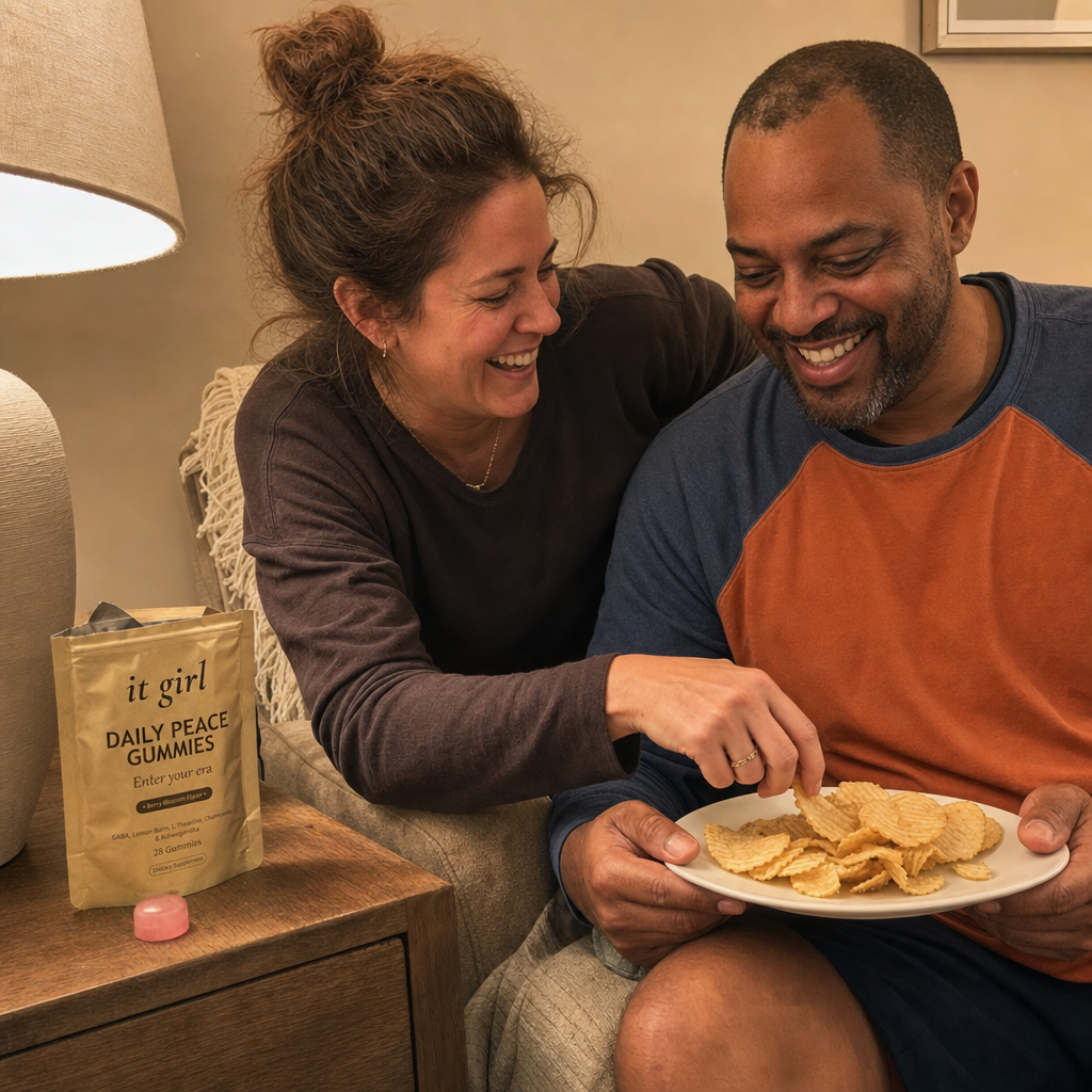 Reconnected mom on the couch stealing a chip off her husband's plate, both laughing, the real gold It Girl Daily Peace pouch resting on the side table, the lights back on