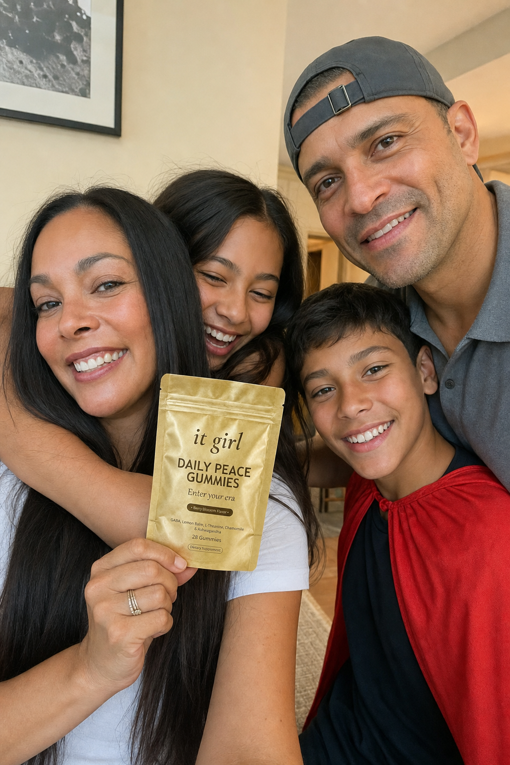 Warm candid family photo: a 43-year-old mom holding the real gold It Girl Daily Peace pouch, her 12-year-old daughter hugging her around the neck, her 14-year-old son in a superhero cape smiling beside them, and dad in a polo shirt and a backwards cap, all close and happy in a cozy home