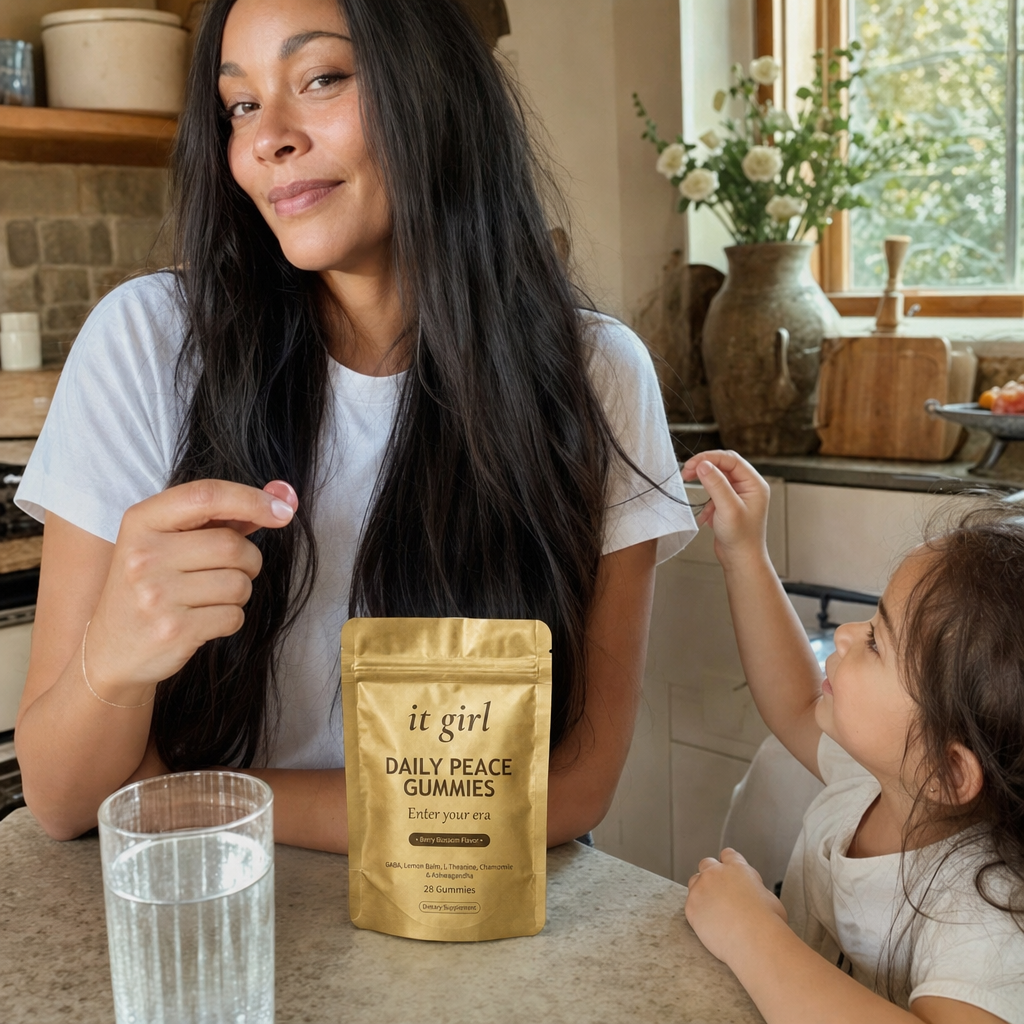 A calm, restored mother about forty steady in her warm afternoon kitchen with her child nearby, the gold Daily Peace pouch on the counter and a glass of water, no wine