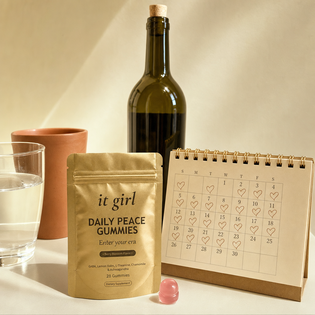 The palm-sized It Girl Daily Peace pouch and a month calendar beside one bottle of wine, showing a whole month of calm costs less than a single nightly habit