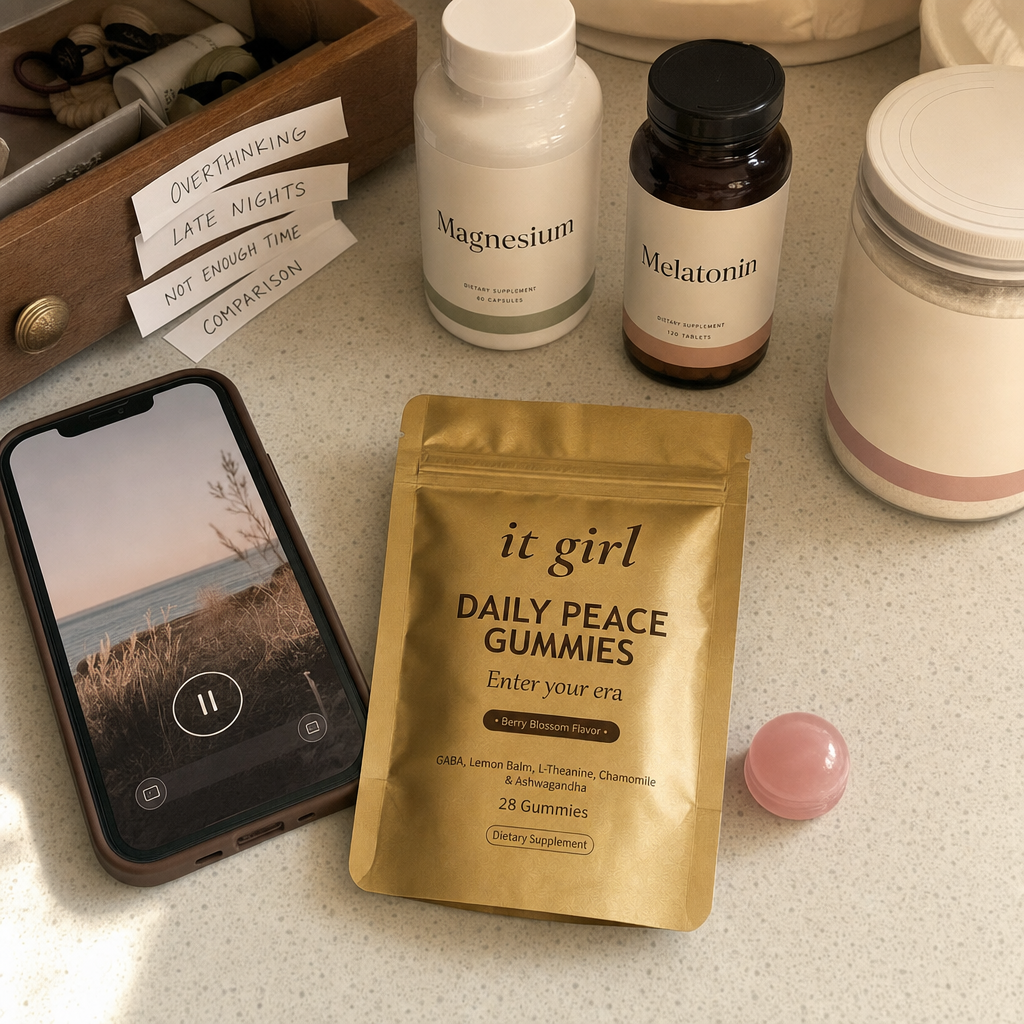 A relax-drawer of swaps pushed aside on a counter, a magnesium bottle, a melatonin bottle, a phone showing a meditation app and a bath soak, with the real It Girl Daily Peace pouch forward and chosen