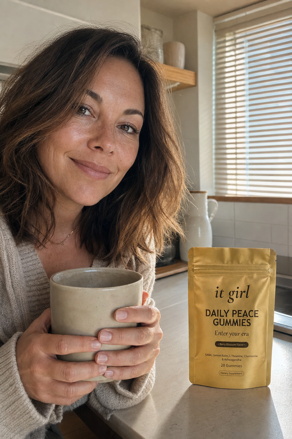 Candid morning photo of a calm rested mom about forty standing in her own kitchen in soft morning light holding a coffee mug with both hands, the gold It Girl Daily Peace pouch on the clean counter beside her