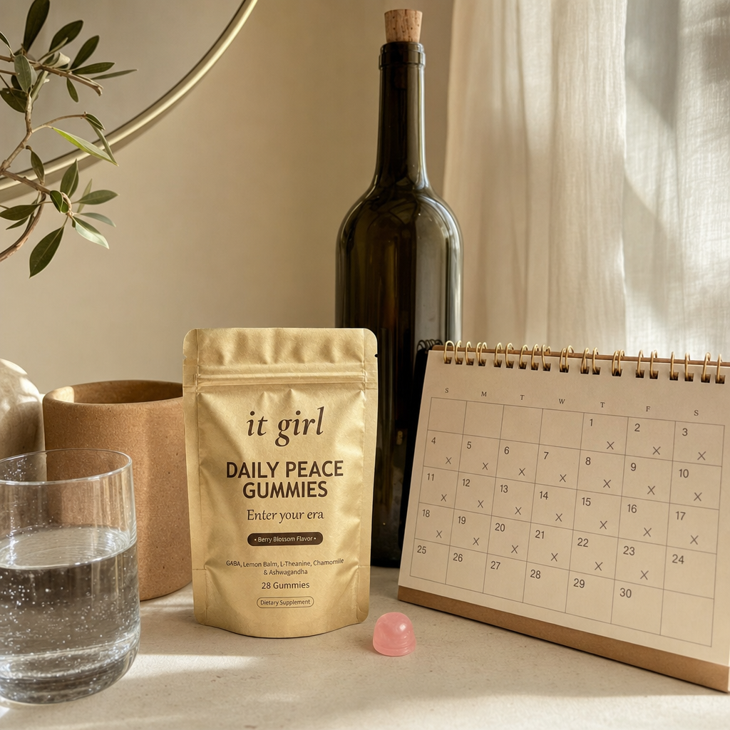 The palm-sized It Girl Daily Peace pouch and a month calendar beside one bottle of wine, showing a whole month of calm costs less than a single nightly habit