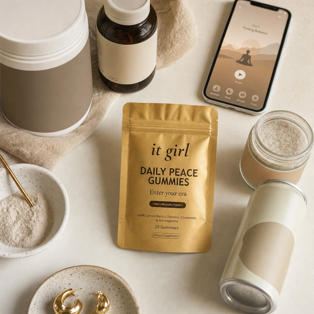 Cream counter of the relax-drawer swaps pushed aside, a magnesium bottle, a sleep-supplement bottle, a phone showing a meditation app, a bath-soak jar, a non-alcoholic wine can, with the gold Daily Peace pouch forward and chosen