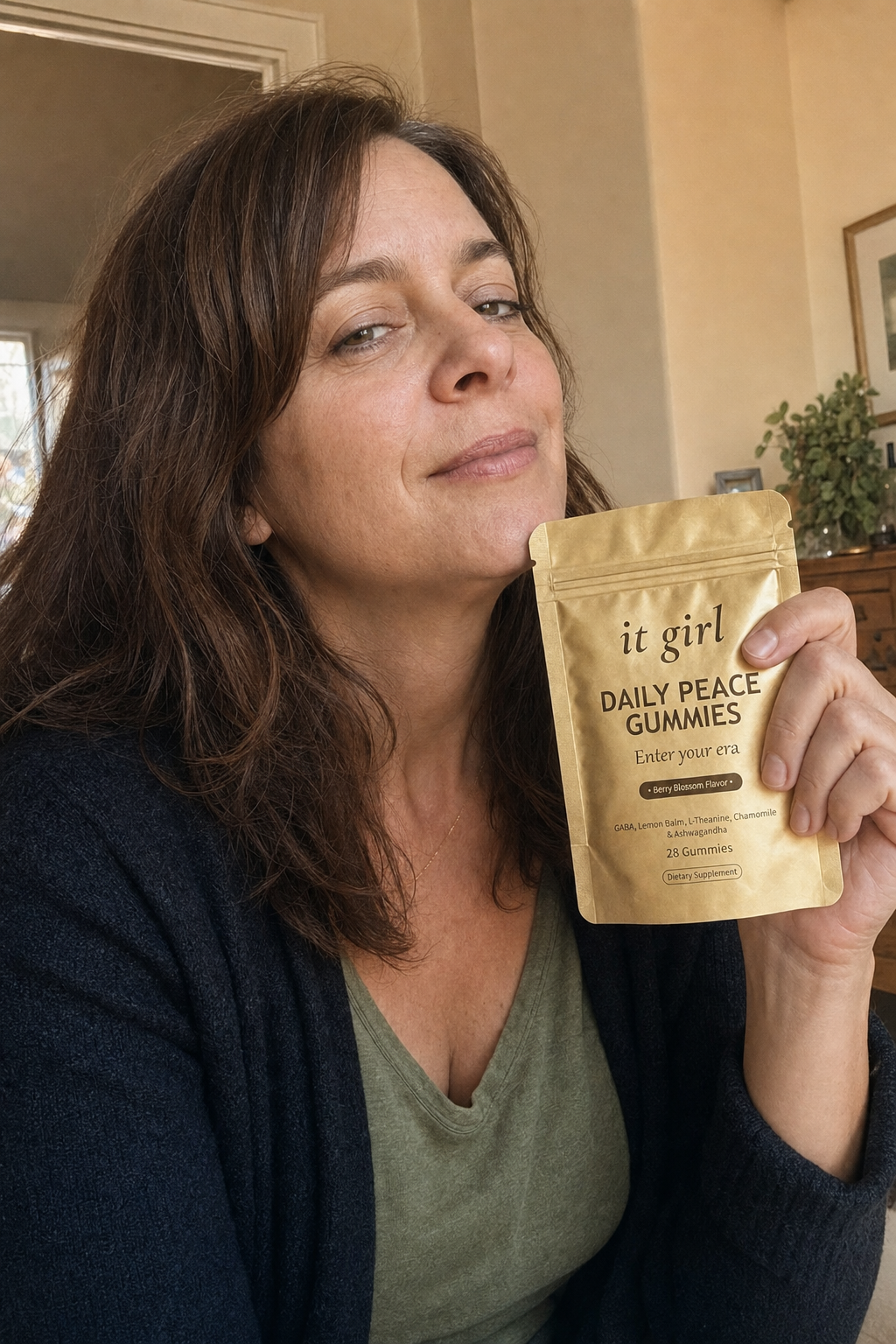 A woman in her forties alone on a back step on her break, eyes closed mid-exhale, shoulders dropping, the five quiet minutes that finally belong to her