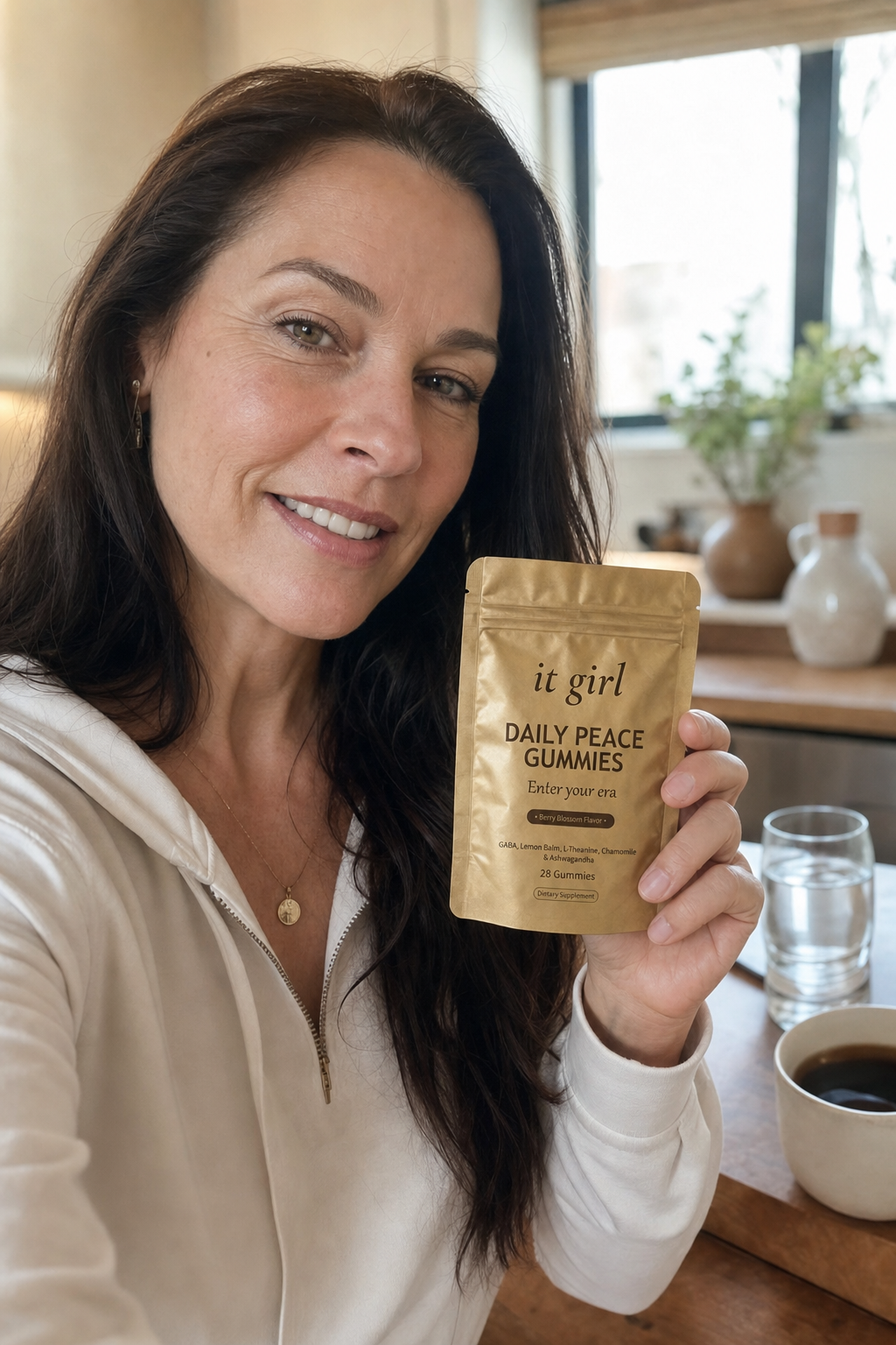Warm candid arm's-length selfie of a calm, put-together woman in her late forties holding up the gold It Girl Daily Peace pouch in a sunlit morning kitchen, relaxed and in command of her day