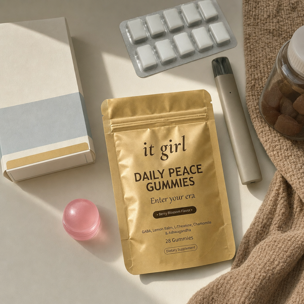 Cream flat-lay of the swaps that missed, a nicotine patch box, a gum pack, a small vape device and a generic ashwagandha jar pushed aside, the gold Daily Peace pouch forward and chosen