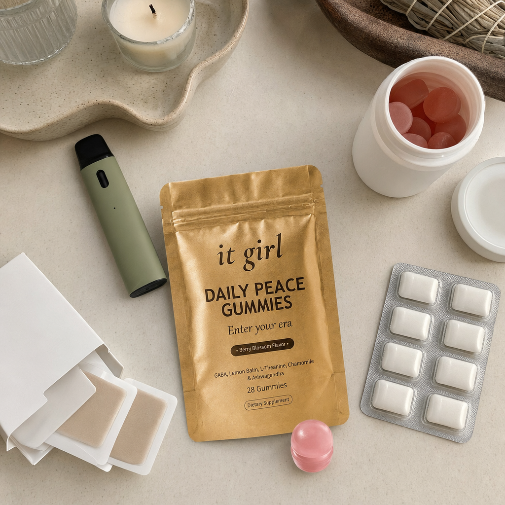 Cream flat-lay of the swaps that missed, a nicotine patch box, a gum pack, a small vape device and a generic ashwagandha jar pushed aside, the gold Daily Peace pouch forward and chosen