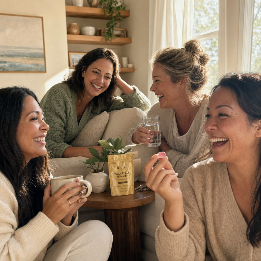Relaxed group of women in their thirties to fifties laughing together with tea and water in a warm living room, a gold Daily Peace pouch resting nearby, not the only one