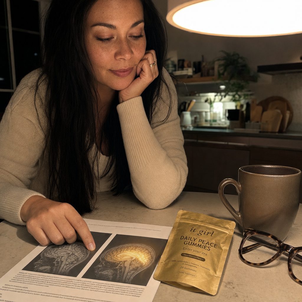 A printed brain-activity page on a kitchen table under a warm pendant light at night, reading glasses and a mug beside it, the It Girl Daily Peace pouch resting on the table