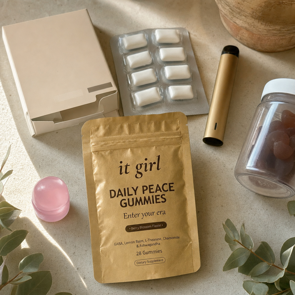 Cream flat-lay of the swaps that missed, a plain patch box, a gum pack, a small vape device and a generic ashwagandha jar pushed aside, the gold Daily Peace pouch forward and chosen